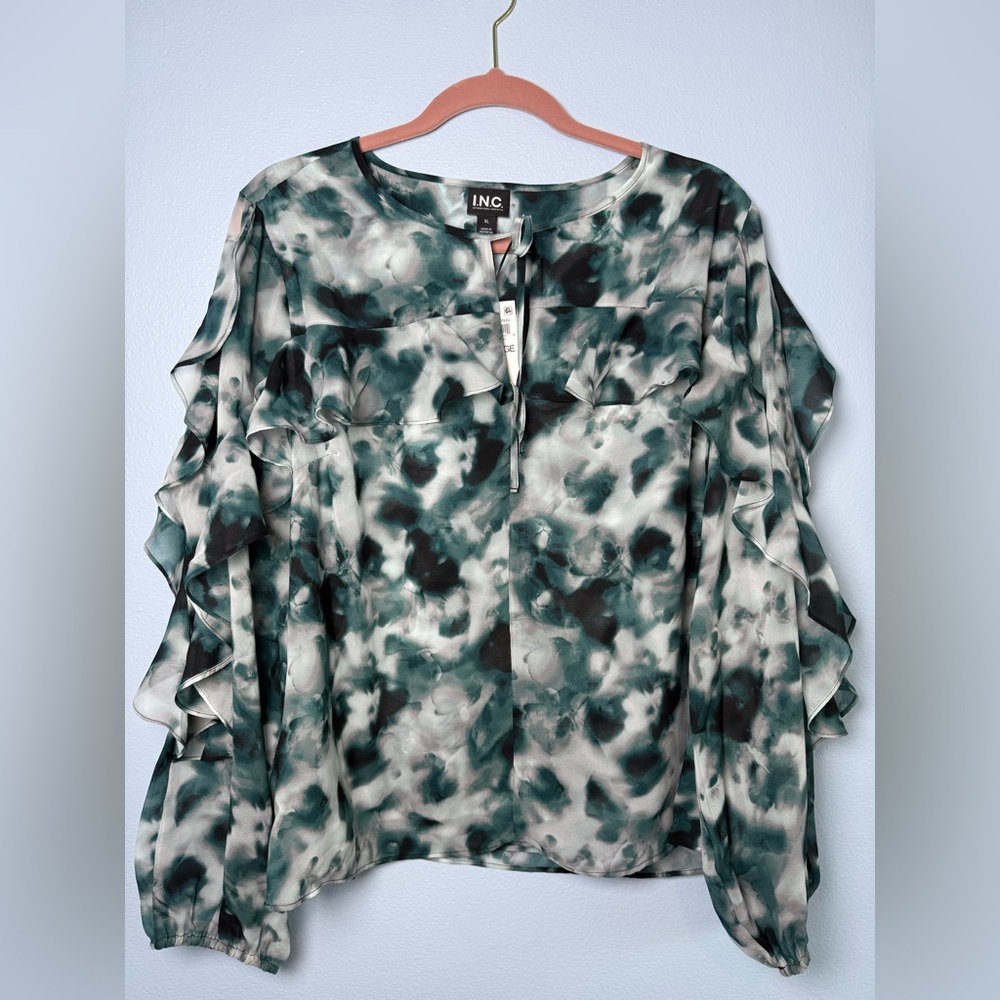 INC International Concepts Teal and Green Abstract Ruffle Sleeve Blouse